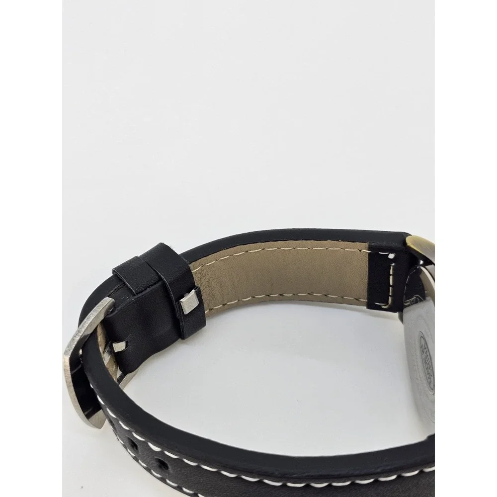 Men Analog Watch 38MM Bronze Dial New Faux Black Leather Bands New Battery READ